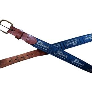 Y2K Men's Leather Belt Blue Nautical Anchor Boats Preppy Brass Thrashed 80s 42